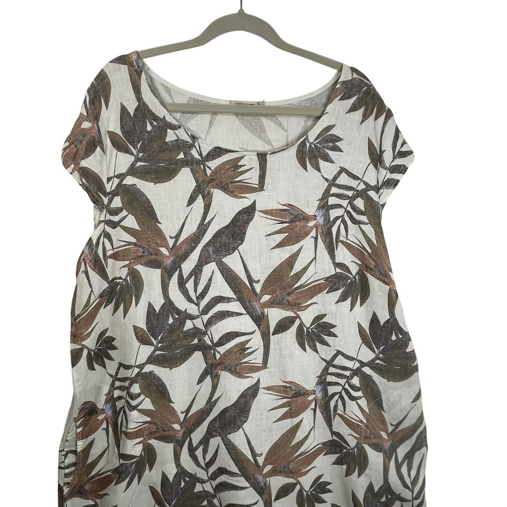 Lungo L'Arno Italy 2X 100% Linen Cotton Tropical Leaf Print Shift Dress Pockets - Picture 3 of 11